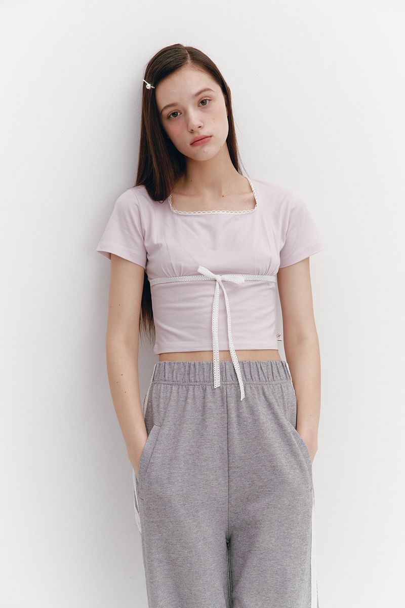 Lace Ribbon Shirring Top Pink