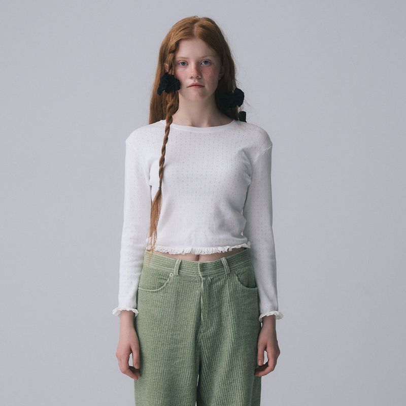 FUN FROM FUN(ファンフロムファン)の「LACE HEM LONG SLEEVE TEE, WHITE(Tops)」