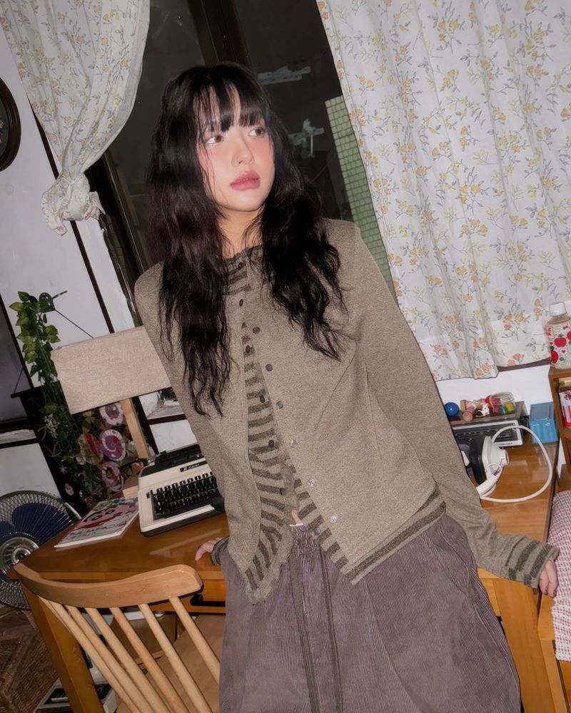 (3color) Ruffle Stripe Layered Cardigan