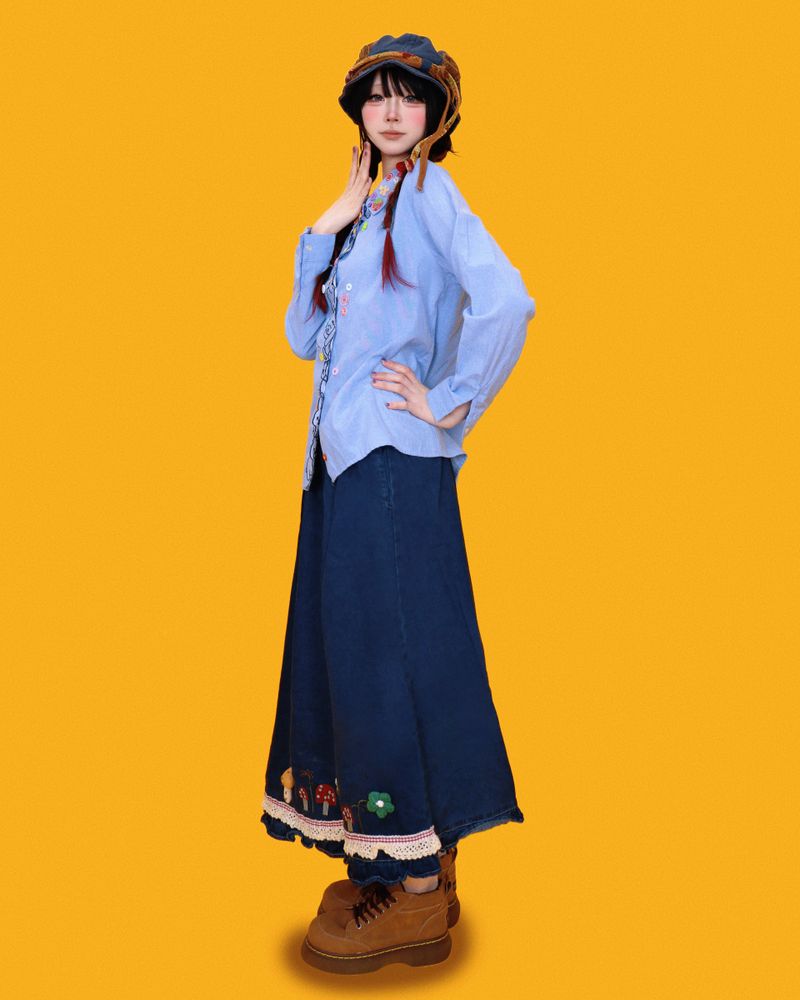 mushroom denim long skirt (2color)