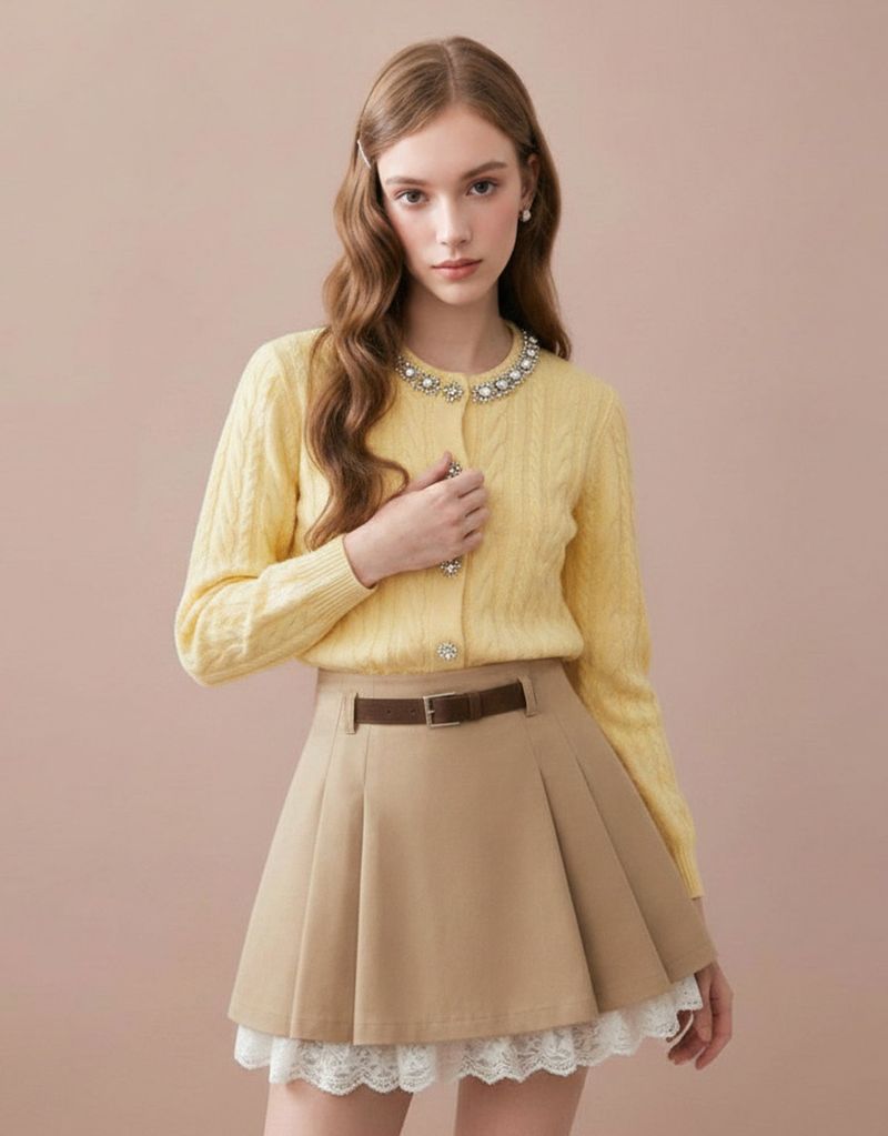 Aria Beads Detail Wool Blended Cable Knit Cardigan Butter