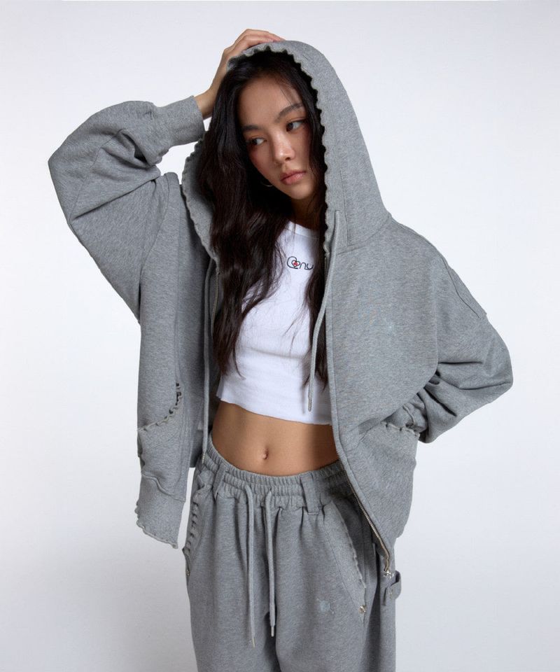 WASHED RUFFLE HOODIE ZIP-UP / MELANGE