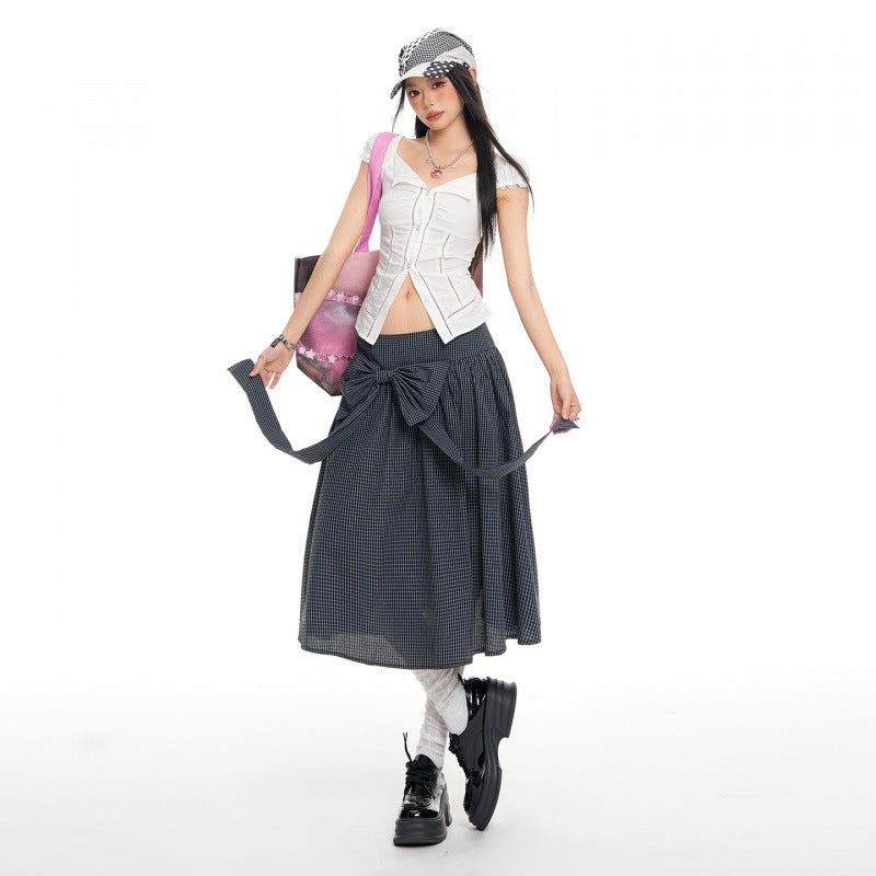 Navy Plaid Bow A-Line Midi Skirt