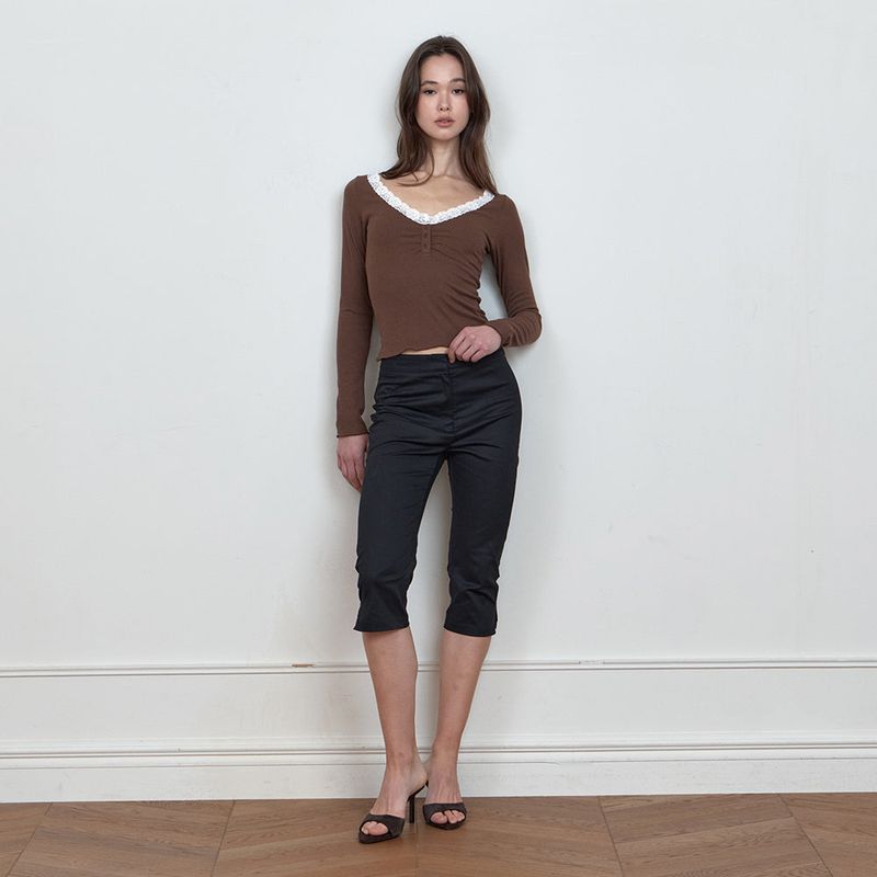 C LACE BUTTON T-SHIRT_BROWN
