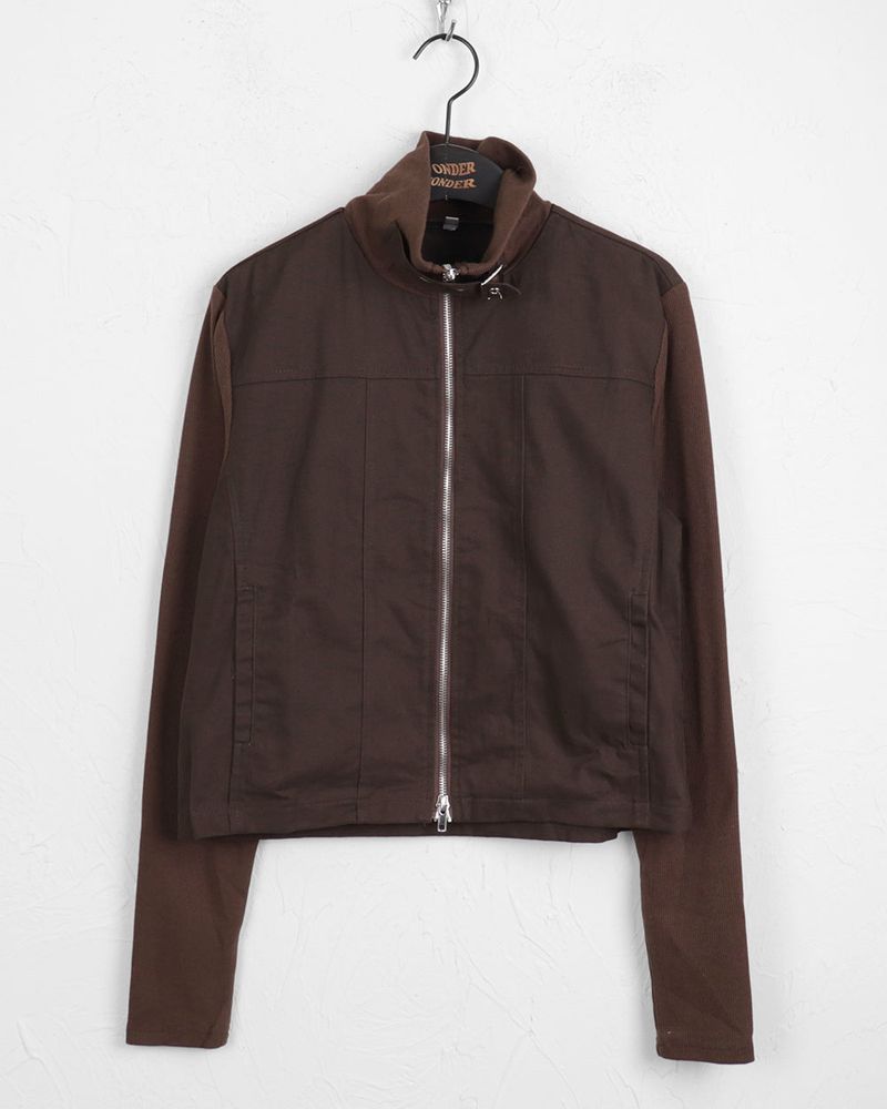 Tatter ribbed coloring belt two-way crop zip-up jacket