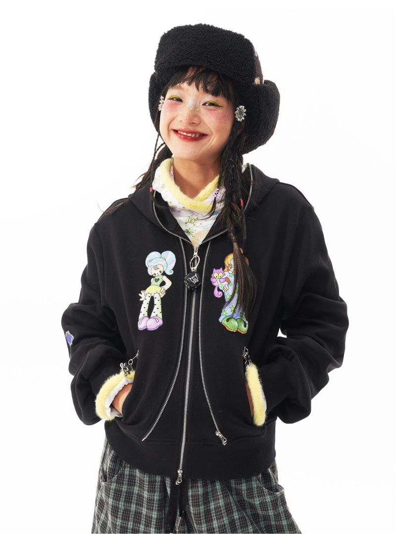 sillysis 黒のかわいい女の子イラスト、両頭金属ジッパー構造感スウェットパーカー
