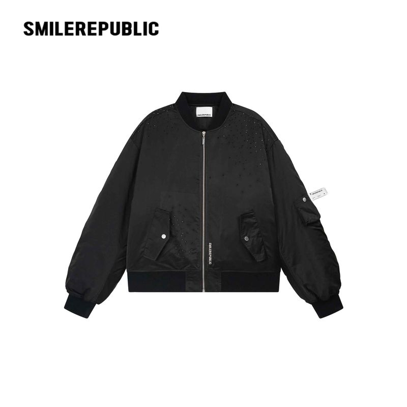 SMILEREPUBLIC（スマイルリパブリック）の「Black Rhinestone Embellished Shimmer Polyester Woven Ruched Sleeve Full Zip Bomber Jacket（Jackets/Outerwear）」