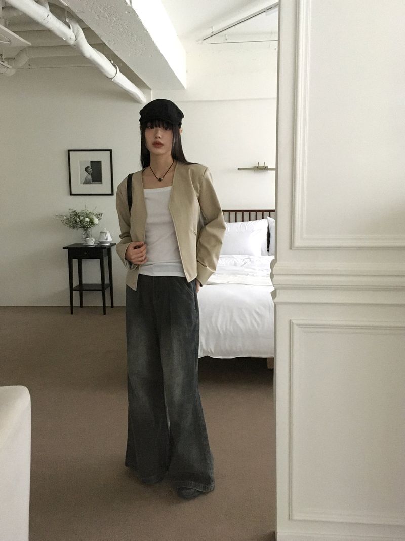 TF no-collar V short leather jacket