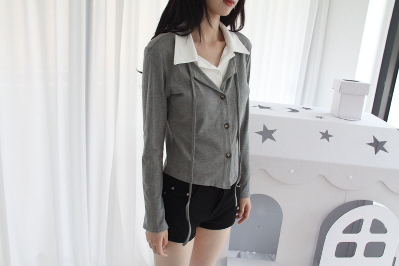 Layered Double Collar Cardigan T-shirt (2color)