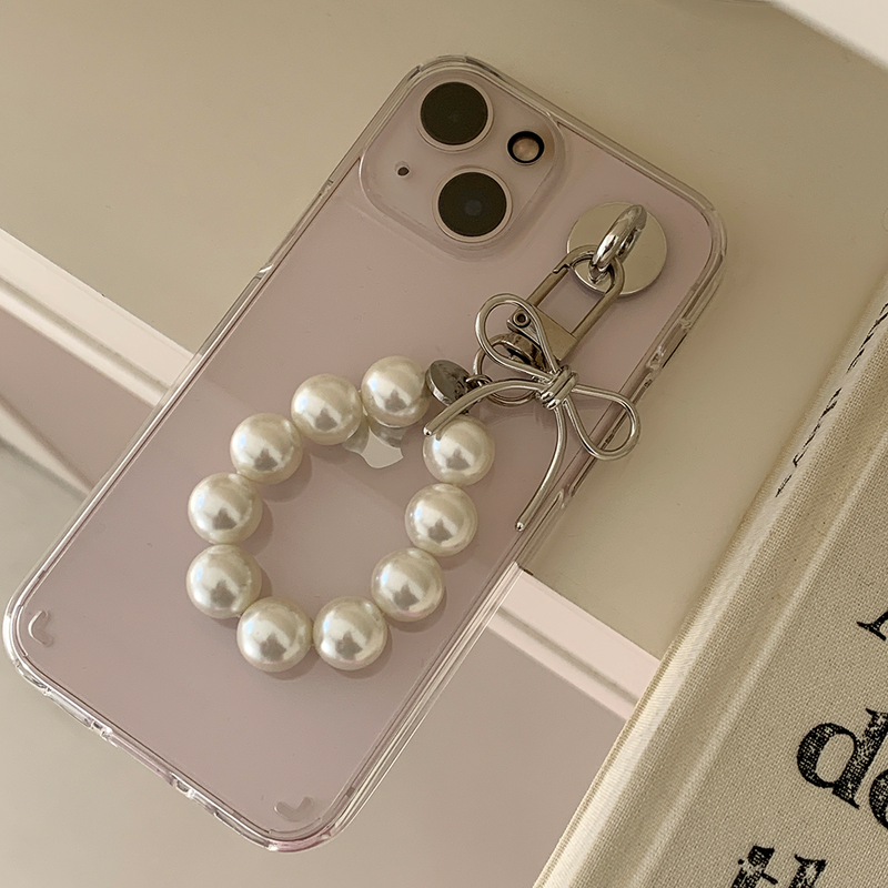 [handmade] silver ribbon pearl keyring (white)