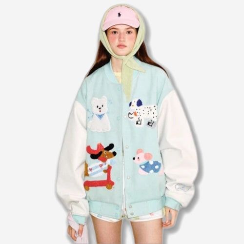 La mode MAQI（ラ モード マキ）の「プレッピーアクセントミントカートゥーン刺繍バーシティージャケット（ジャケット/アウター）」