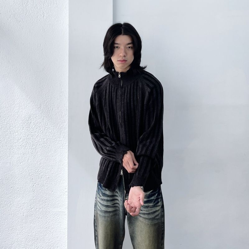 High-Neck Stripe Knit Jacket