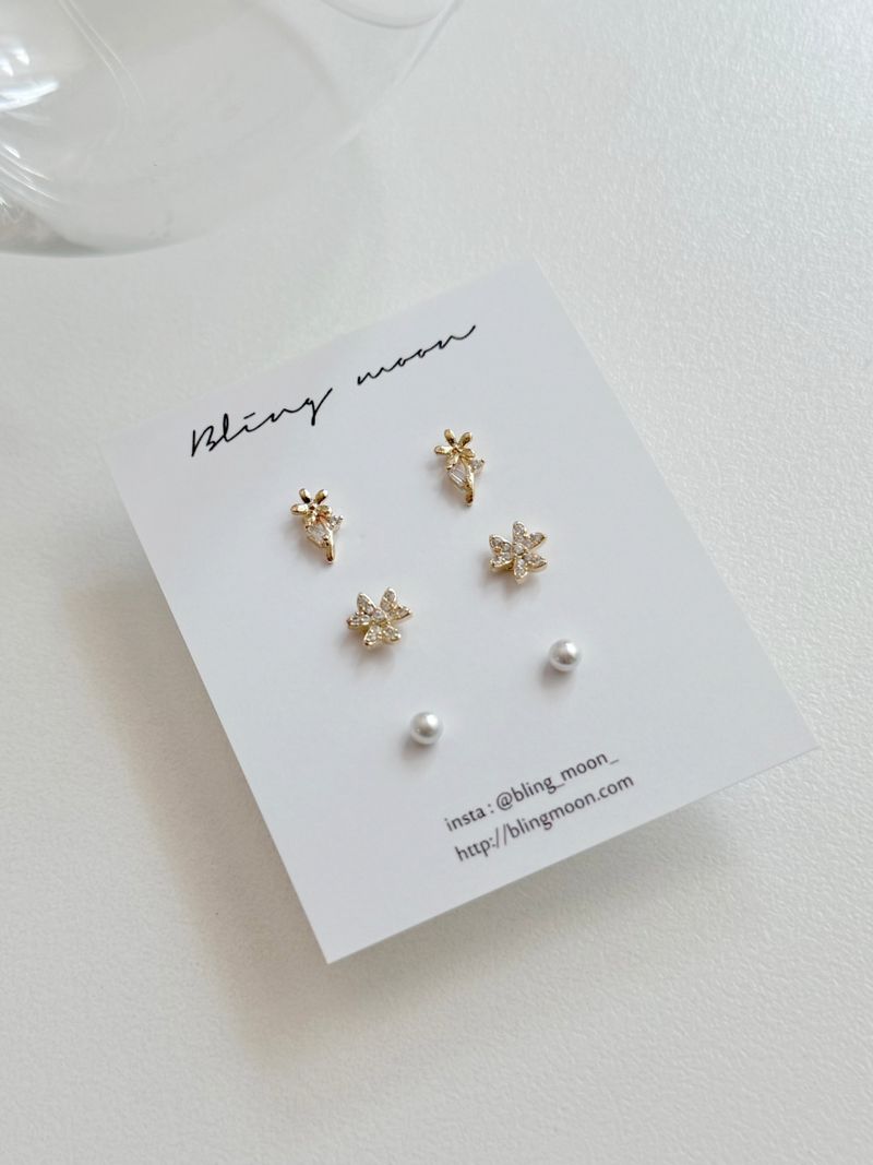 [3 set] spring flower earring set / 2 color / cubic pearl spring simple daily mini 