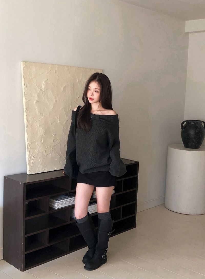 Present Ribbon Twist Loose Off Shoulder Knit (4color)