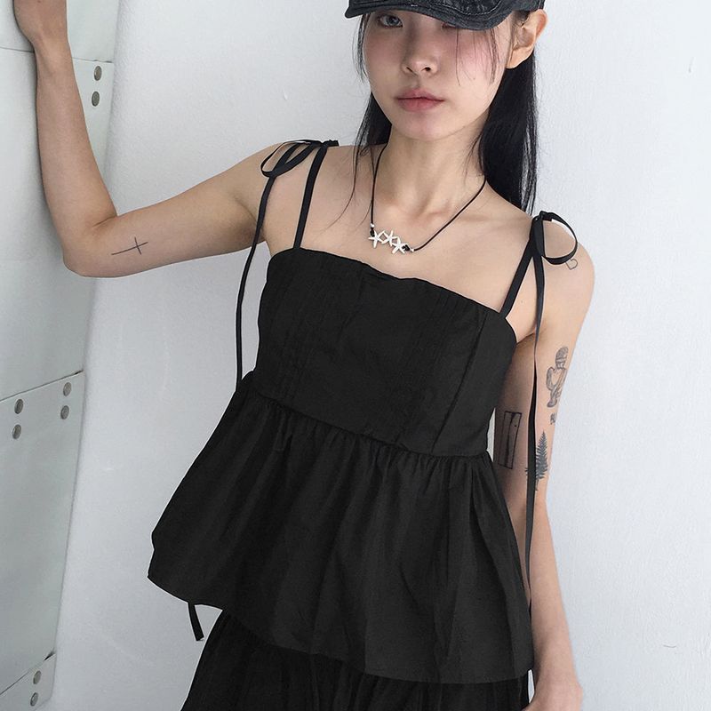 Tid pintuck flare ribbon string tank top blouse