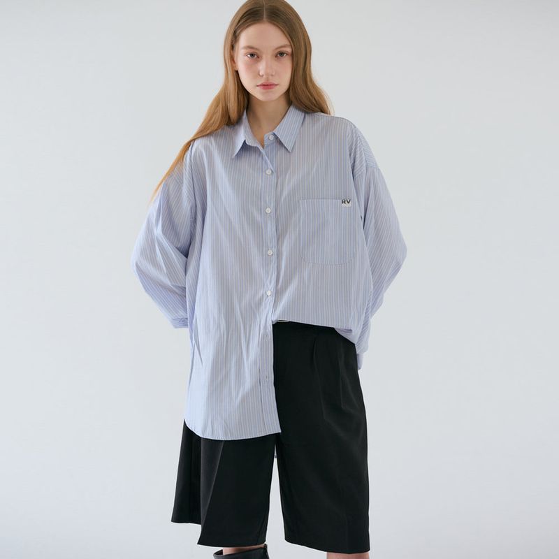 Over-sized Stripe Long Shirts Blue