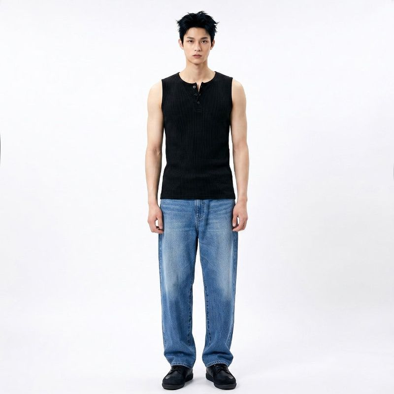 Ribbed Henley-Neck Sleeveless Top Black