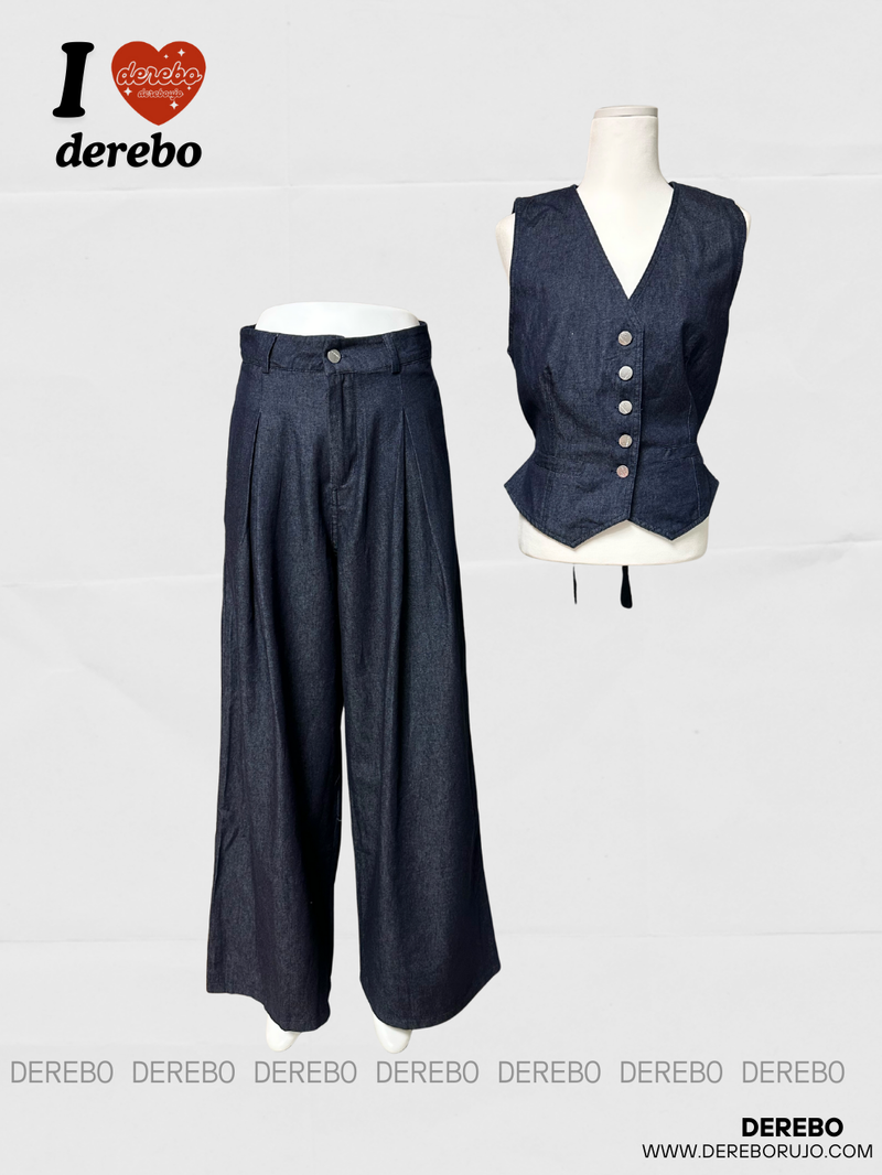 Dark blue denim vest pants two-piece