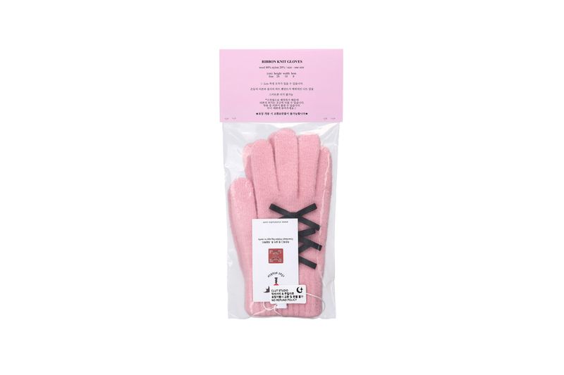 0 4 ribbon knit gloves - PINK