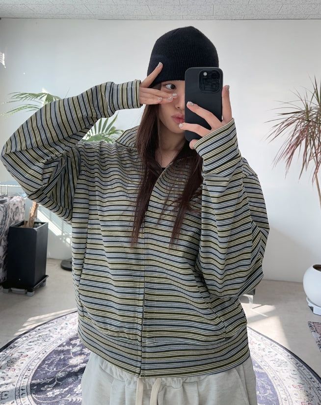 Needeu Crop Stripe Zip Up
