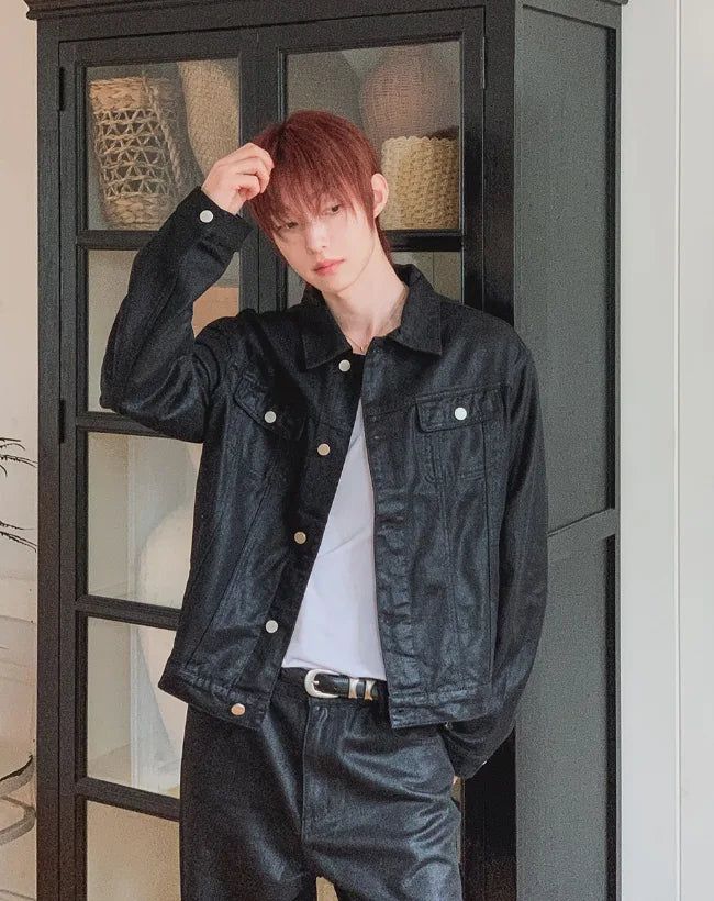 Kanto Coated Black Denim Trucker Jacket