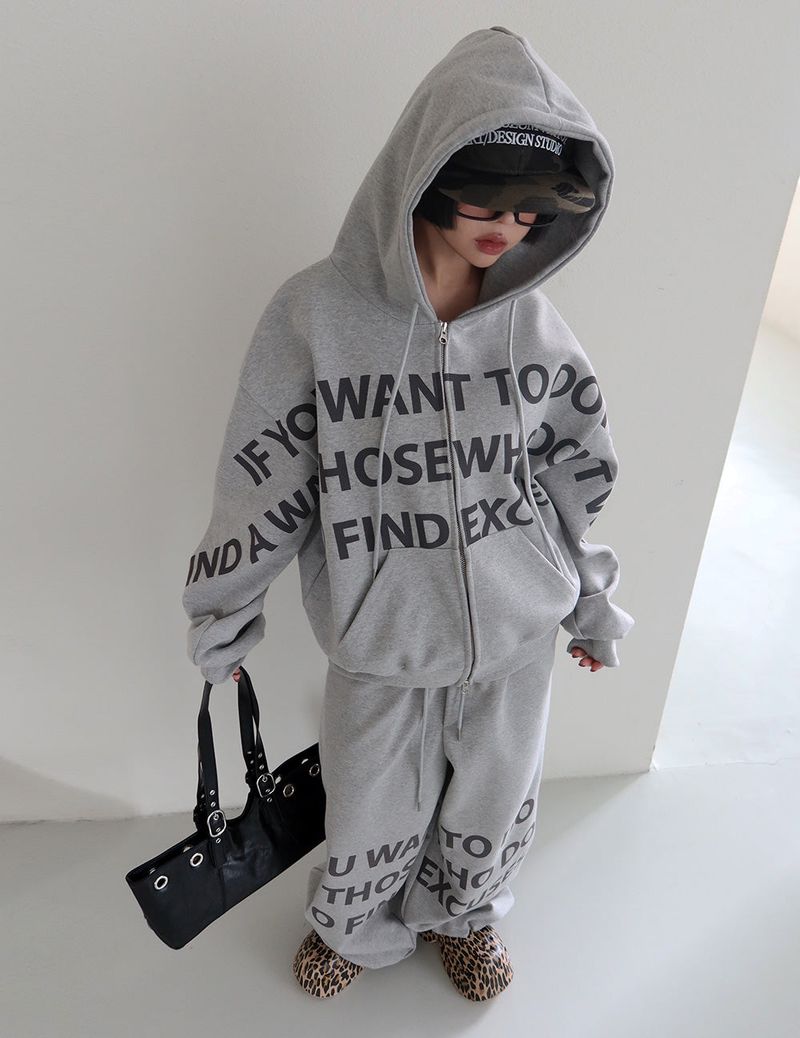 [UNISEX] One-two lettering oversized-fit hooded zip-up jacket