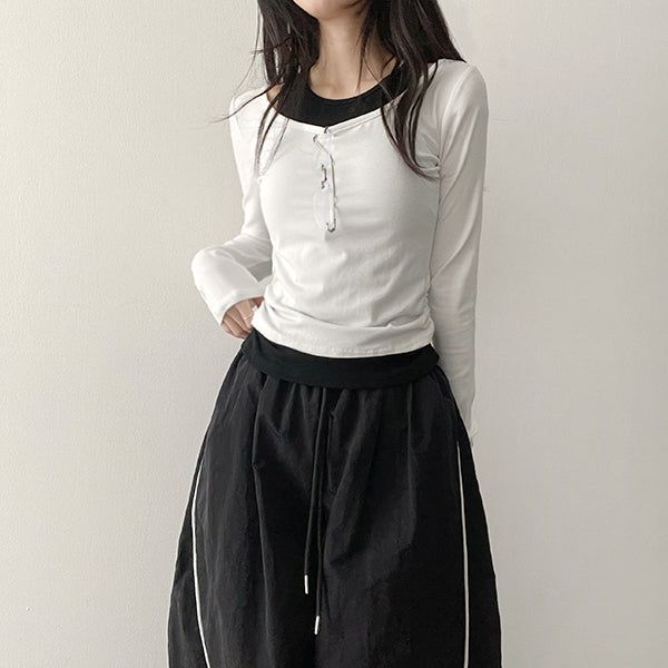 Square neck shirring layered long-sleeved shirt
