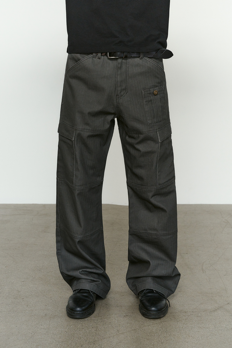4 Panel Cargo Pockets Herringbone Twill Pants (Gray)