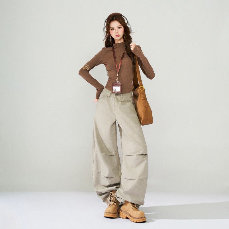 Light Brown Wash Fold Detail Wide Leg Jeans