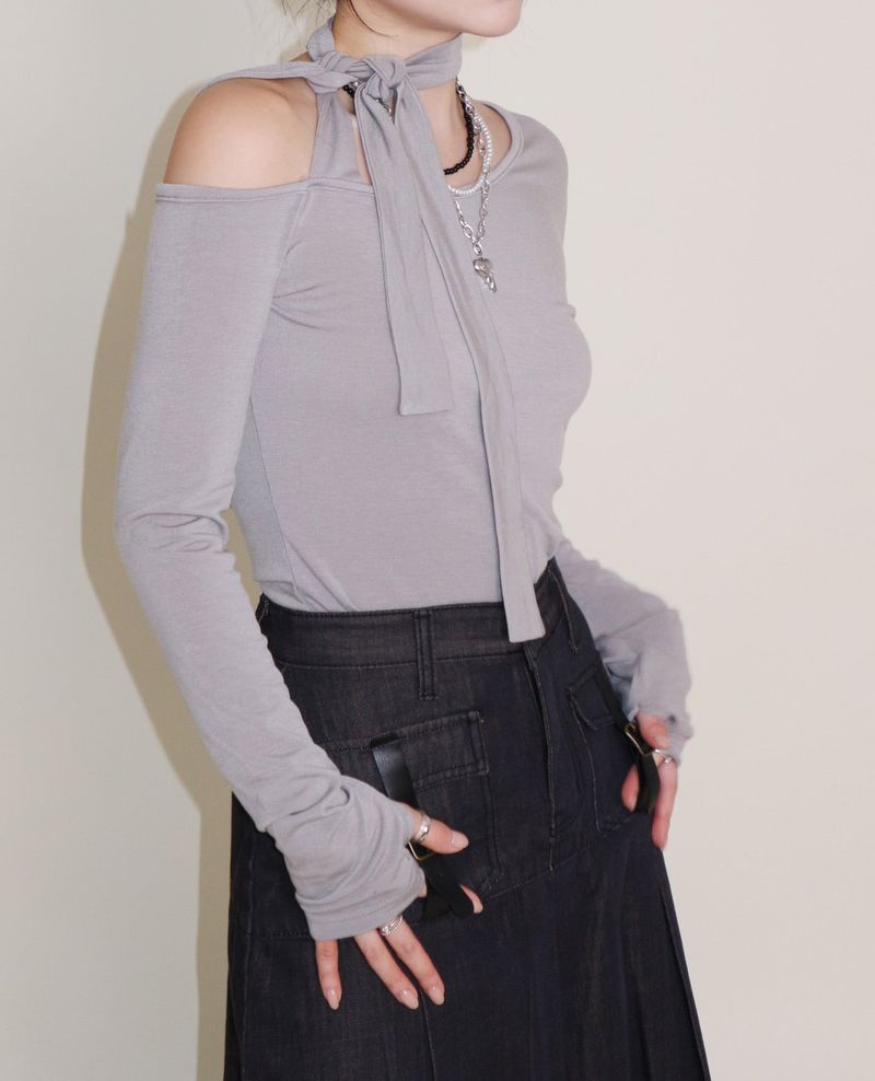 (Napping T-shirt) Euren One Shoulder Ribbon Tie Long-Sleeved Warmer T-Shirt