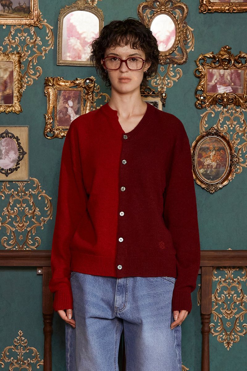 UNALLOYED(アナロイド)の「ASYMMETRY WOOL CARDIGAN / WINE&RED(Tops)」
