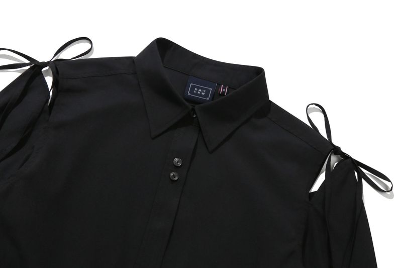 SHOULDER OPEN RIBBON SHIRT_BLACK