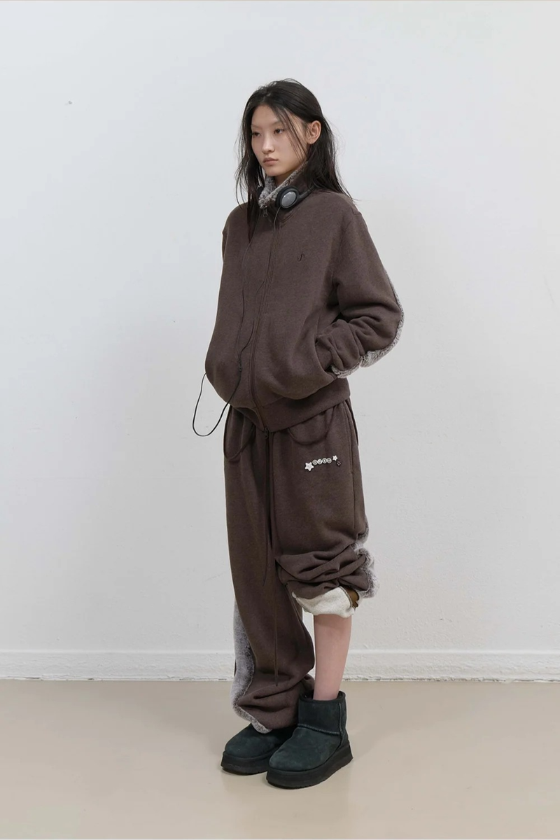 Fur Trim Jersey Zip-up / Stone Brown