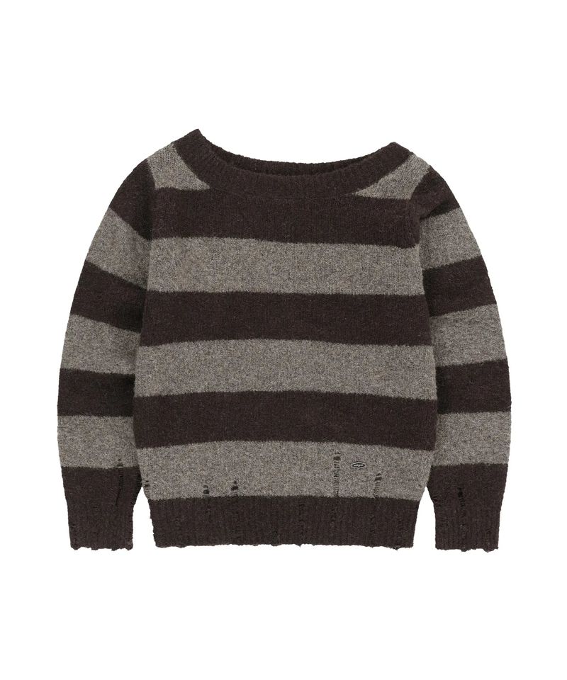 DAMAGED OFF SHOULDER STRIPE KNIT_BROWN
