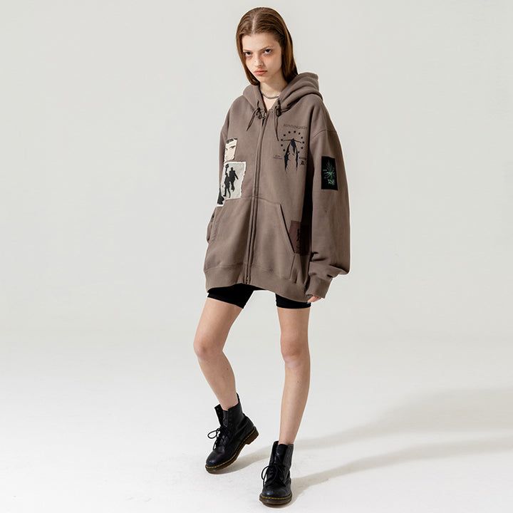 FRINGE PATCH ZIP UP HOODIE