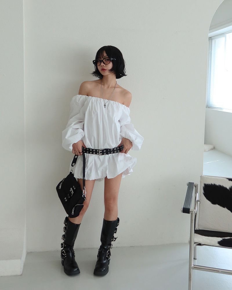 Pumpkin Balloon Off-Shoulder Long Blouse & Mini Dress