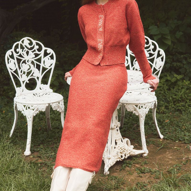 ALPACA KNIT LONG SKIRT - RED BEIGE