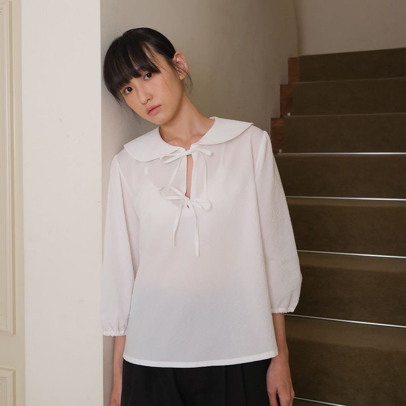 White Seersucker Ribbon Blouse