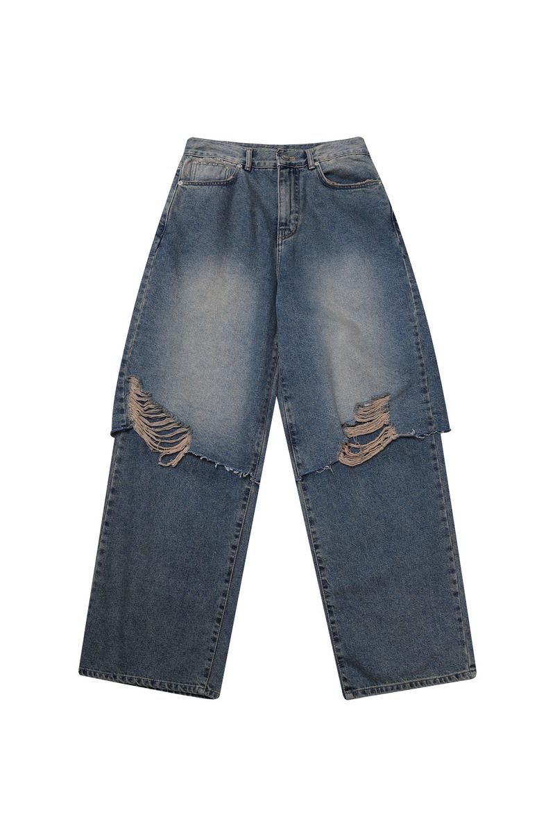 LAYERED DAMAGE DENIM_BEIGE INDIGO