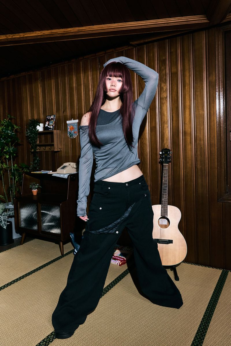 Check asymmetric button wide pants