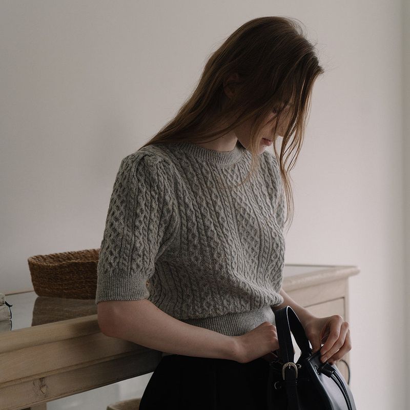 Cable Puff Sleeve Knit - Gray