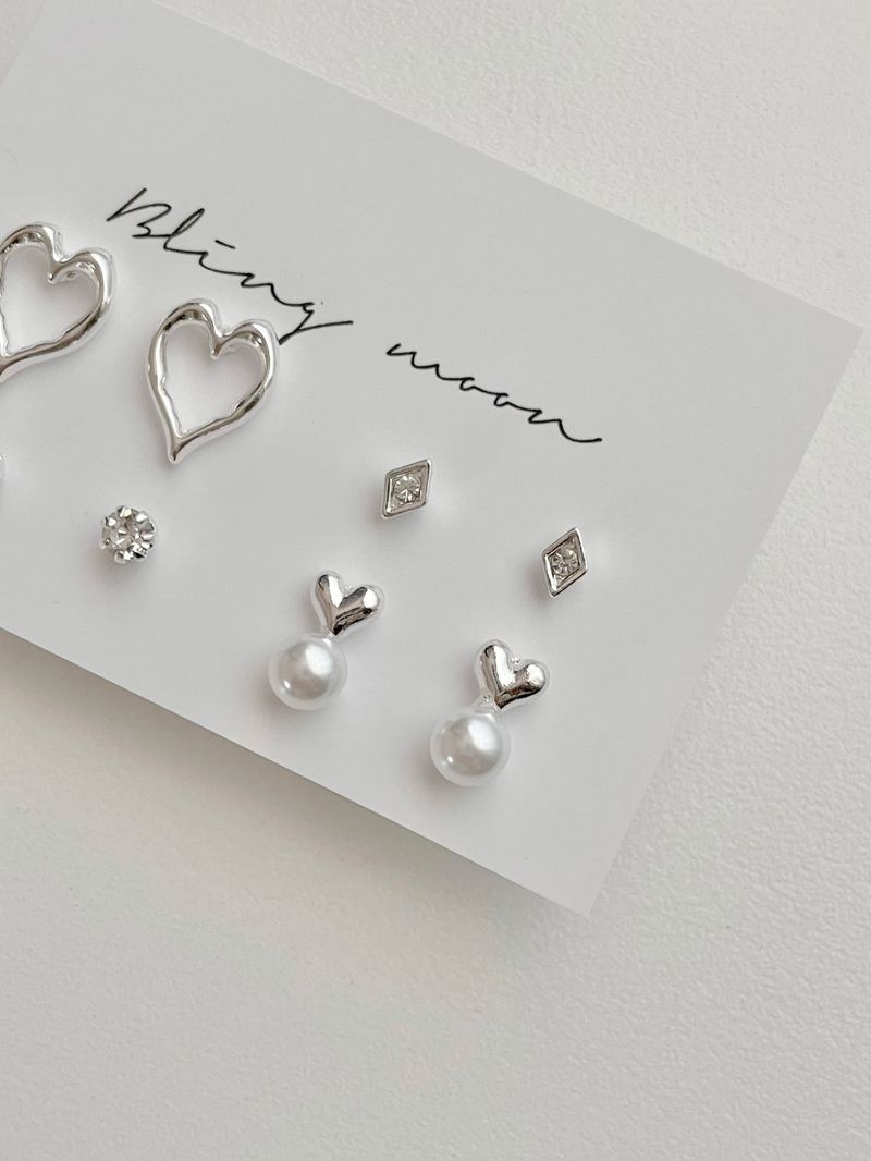 [4 set] lovely heart pearl earrings set 