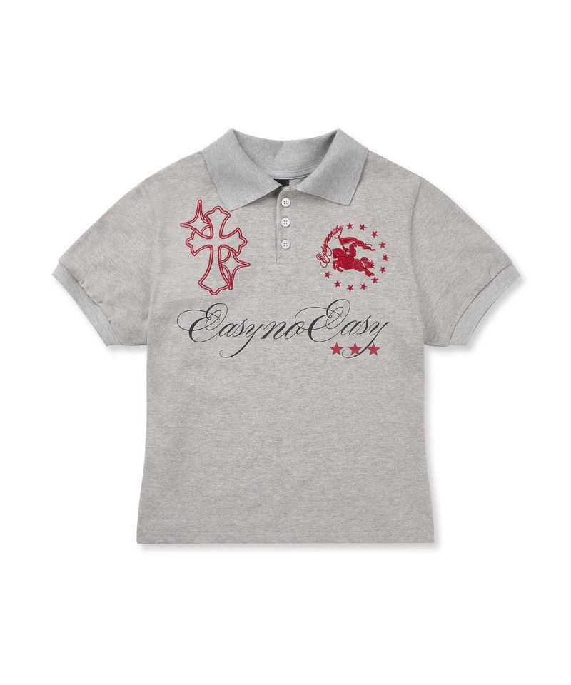 Horse emblem embroidered collar T-shirt - Gray