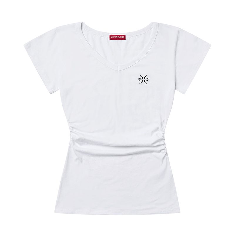 Shirred V-Neck Embroidered T-Shirt (26STP-SSTS01)