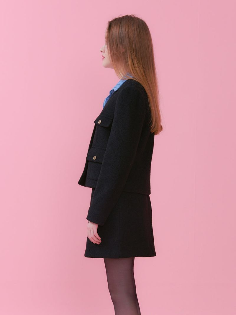 JENNY V NECK POCKET TWEED JACKET_BLACK