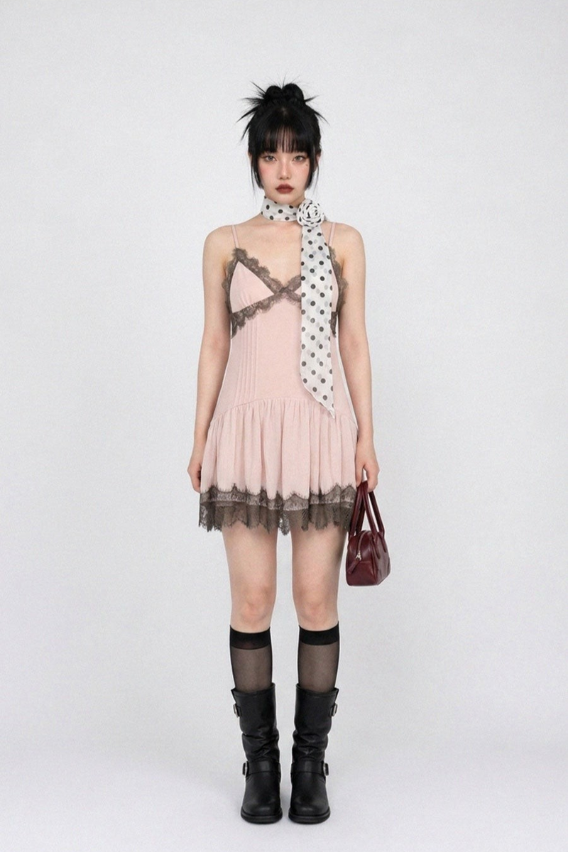 PINKBOM BLUSH LACE MINI DRESS