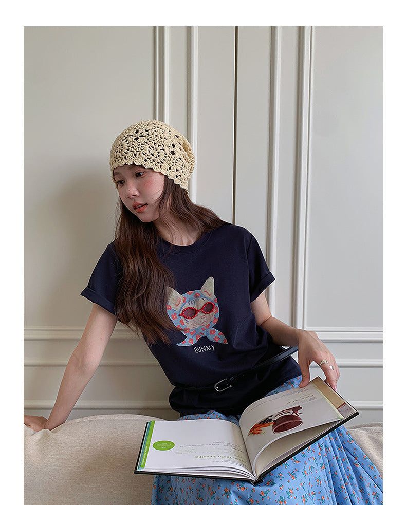 Beaded Glasses Graphic Crew Neck T-Shirt