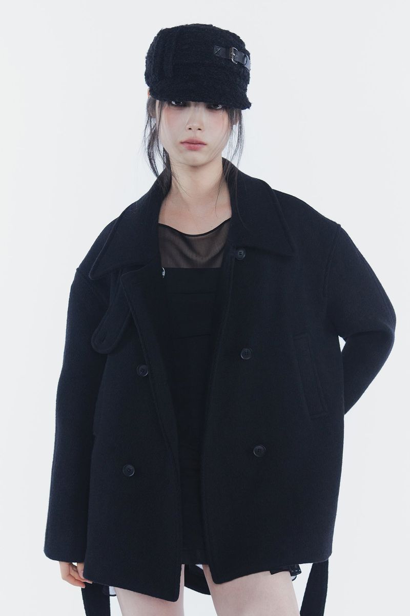 AMBER BELTED DOUBLE COAT black