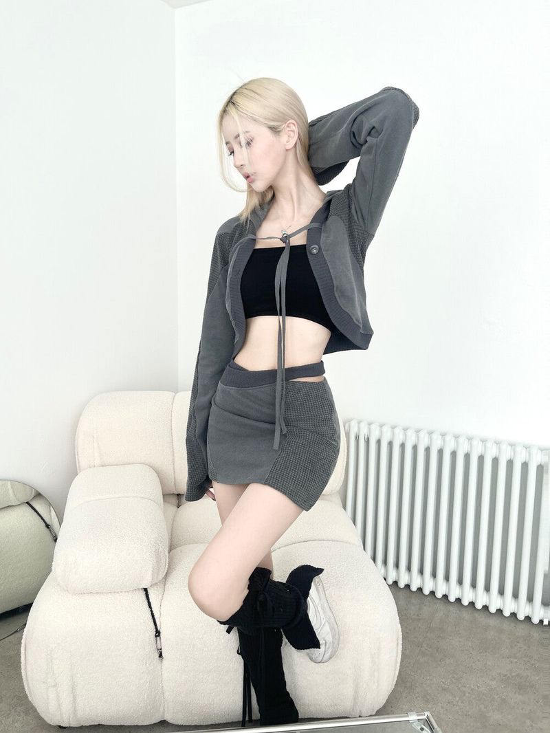 1236. Patchwork cargo crop hood cardi (3color)