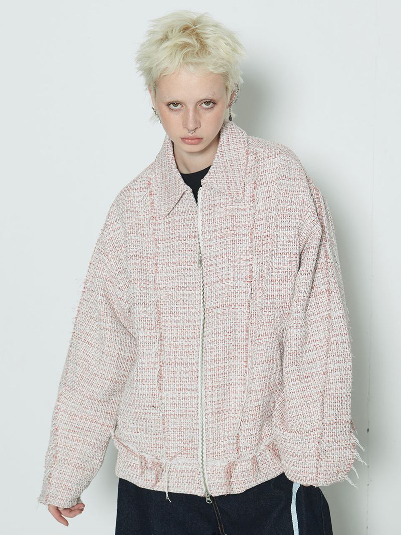 Raw Cut Detail Tweed Trucker Jacket Ivory & Red